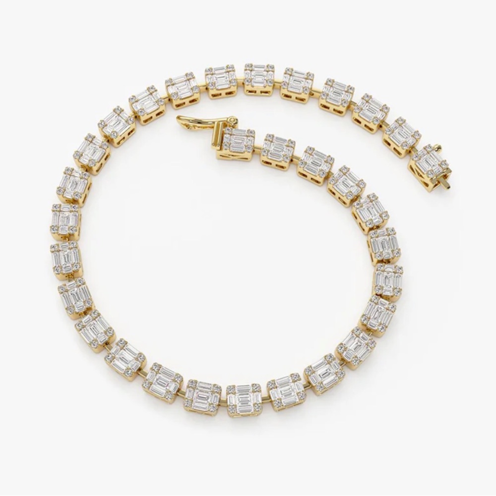 Solid 14k Yellow Gold Baguette Round Diamond Illusion Tennis Bracelet